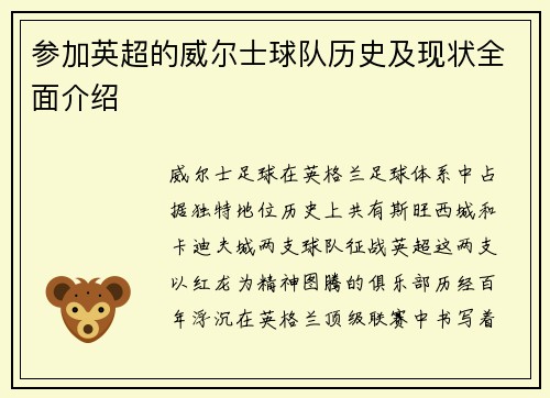 参加英超的威尔士球队历史及现状全面介绍