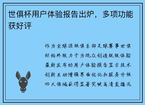 世俱杯用户体验报告出炉，多项功能获好评
