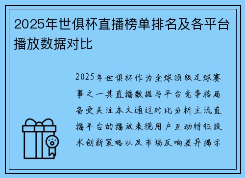2025年世俱杯直播榜单排名及各平台播放数据对比